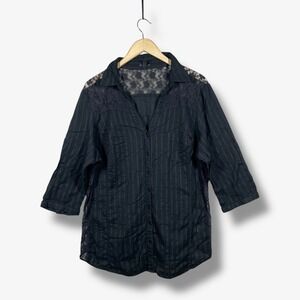 F.A.N.G Button Blouse Womens 2X Black Floral Lace Boho Gothic Romantic Pinstripe